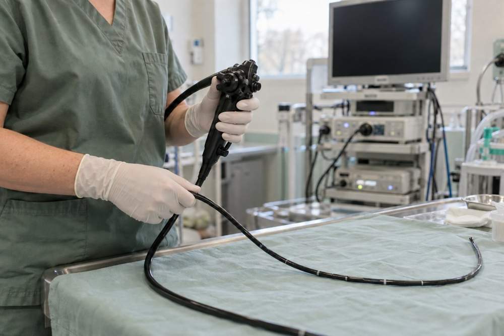 A veterinary professional holding a flexible endoscope beside endoscopy equipment